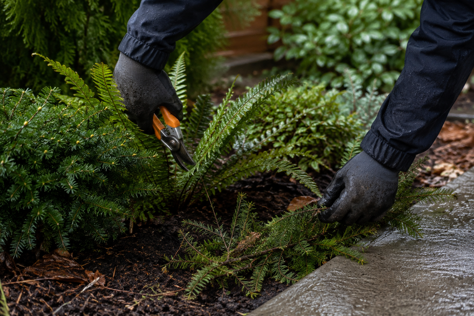 Careful landscape maintenance in a lush Pacific Northwest planting bed